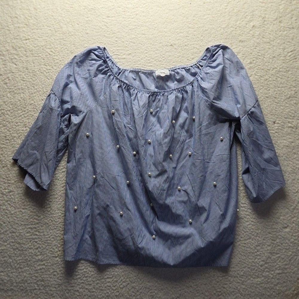 Fyve Blouse Womens Plus 3X Blue Stripe Off Shoulder 3/4 Bell Sleeve Beaded Top